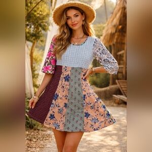 NWT Patchwork Baby Doll Mini Dress-Size Large